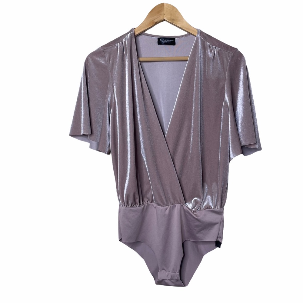 Zara Velvet Cream V-neck Short Sleeve Bodysuit